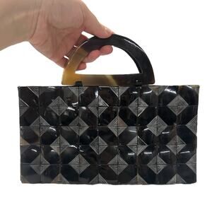 Vintage Geometric Tile Handbag Black Structured Top Handle Mod Retro Evening Bag